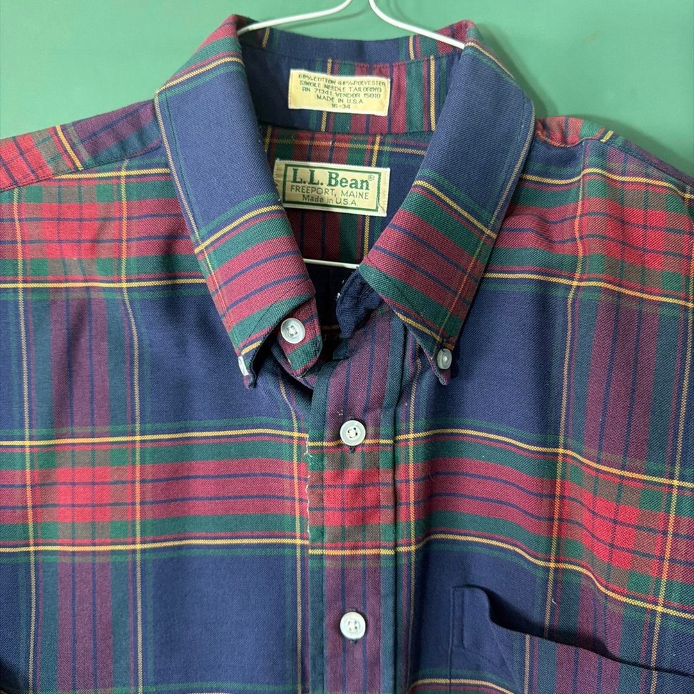 Vintage 80s LL Bean Plaid Flannel Shirt Made in USA XL Navy Red Green Outdoor